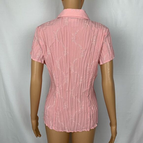 Fred David Button Up Blouse Embroidered Pleated PL Eyelet Pink Collared Petite - Picture 6 of 6